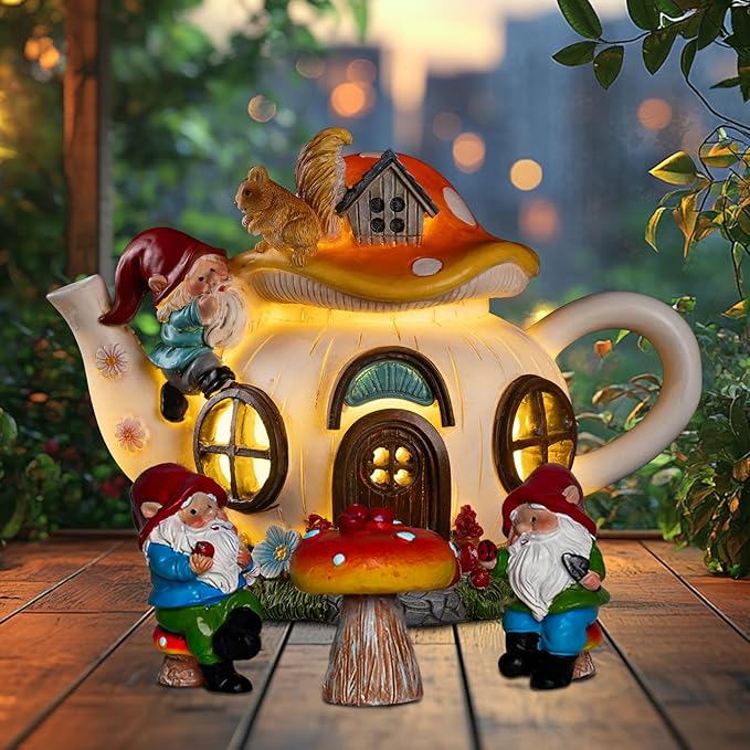 Solar Fairy Garden House Lights - Mushroom Teapot Gnome House Statue Set with 2 Mini Gnomes and 1 Mushroom Figurines, Outdoor Garden Decor, Gift for Gardeners and Moms (Set)