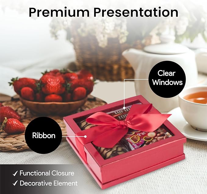 Hammont Clear Boxes for Gifts - Premium Clear Gift Box - Clear Cake Box - Gift Box with Window for Treats, Cupcakes & Baked Goods | 6"x6"x2" (Red)