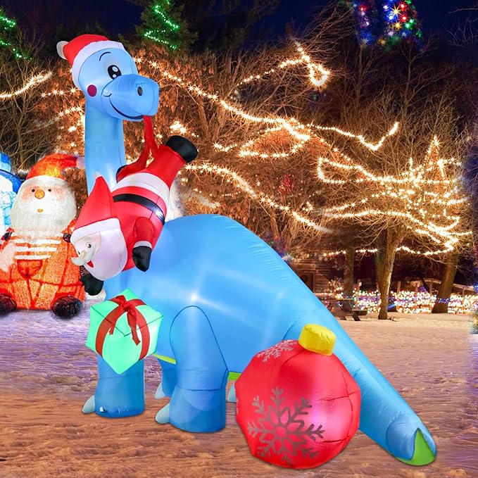 Christmas Inflatables Christmas Blow Up Yard Decorations Christmas Inflatable Dinosaur Play with Santa Clause Gift Boxes LED Lighted Up Yard Lawn Garden Home Party Decor