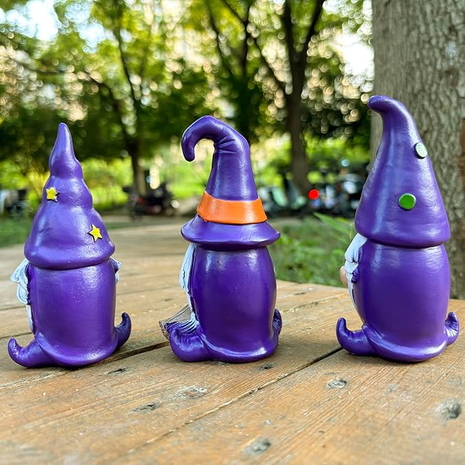 Purple Wizard Witch Gnomes Set of 3 - Mini Resin Figurines for Tiered Tray, Mantel and Gothic Home Decor Storybook Charm Gothic Gnomes Collection