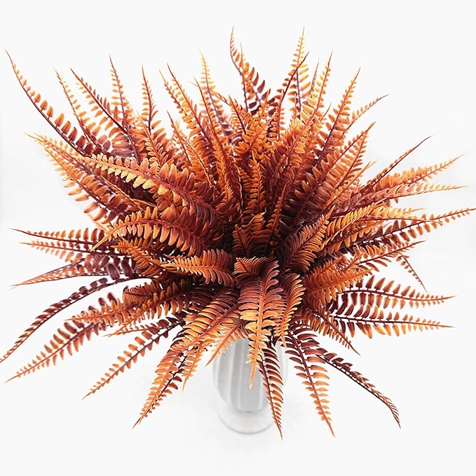CATTREE Artificial Fern Shrubs, Plastic Plants Boston Ferns Grass Fake Bushes Greenery Leaves Wedding Indoor Outdoor Home Garden Verandah Office Table Centerpieces Arrangements Decoration Red 6 Pack