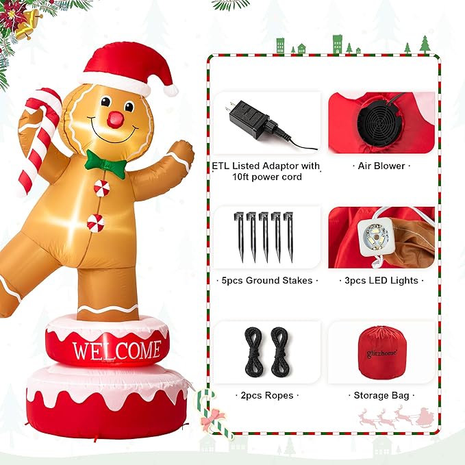 Glitzhome 6FT Inflatable Rotating Gingerbread Man with LED Lights, Christmas Yard Decoration with Candy Cane for Outdoor Indoor Xmas Party Decor