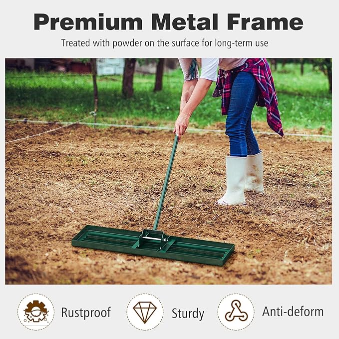 36" x 10" Lawn Leveling Rake, Heavy Duty Landscape Rake with 67" Handle, Non-Slip Grip & Flat Head, Space-Saving Lawn Level Tool for Garden, Backyard, Golf Course & Sports Field(Green)