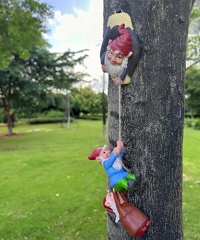 Teaeeno Garden Gnome Statue Set,Gnome Climbing Tree and Tree Stump Decor,Vivid Fairy Gnome Outdoor Sculpture,Whimsical Gnomes Miniature Figurines,Micro Gnome Landscape Figurine for Lawn Balcony Patio