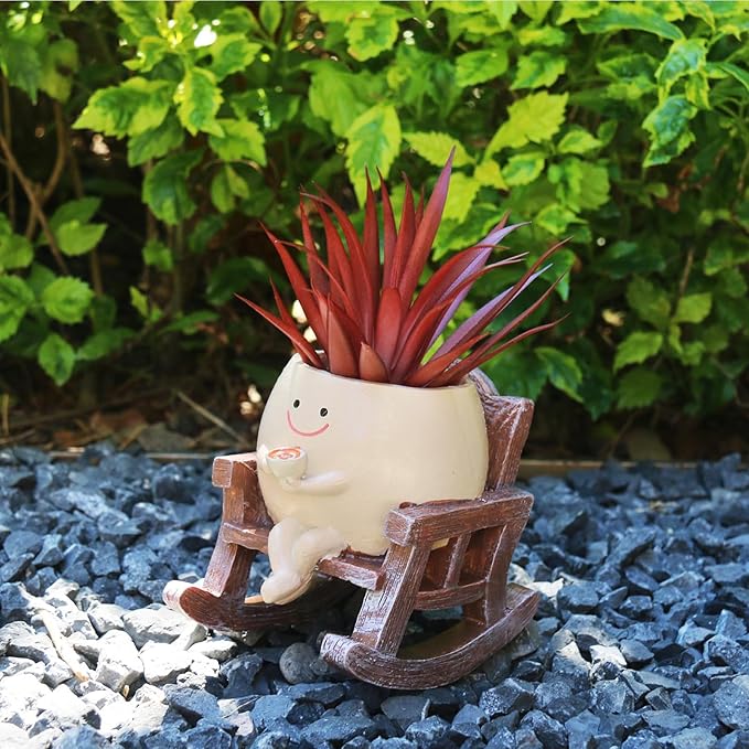 Smiley Face Planter Pot, Cute Resin Smile Face Flower Head Plant Pot, Creative Flower Pot for Indoor Outdoor Plants, Funny Home Decoration (Rocking Chair)