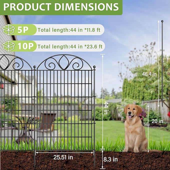 5 Panels No Dig Tall Garden Fence Panel – 44" H X 11.8' L Rustproof Metal Dog Fence Outdoor for Yard, Decorative Animal Barrier Fence for Pet, Garden Border, Patio, Flower Beds| Temporary Fencing
