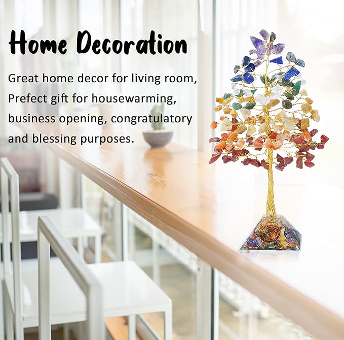 7 Chakra Crystal Tree with Orgone Pyramid Base Desk Decor Healing Crystals Bonsai Tree Gifts for Women Office & Shelf Home Room Decor for Mom Sister Girlfriend Present Housewarming