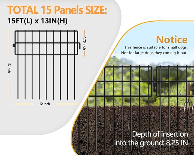 KYATE 15ft(L) x 13in(H) Animal Barrier Fence, 15 Panels No Dig Garden Fences for Dog Rabbit, Rustproof Anti Digging Barriers, Gardening Edging Border Ground Defense for Outdoor Yard Patio