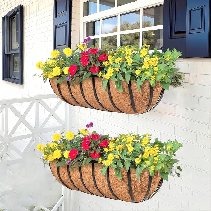 2 Pack 36" Railing Planter Window Box with Coco Fiber Liner Horse Trough Planter The Railing Planter Boxes for Deck Porch Fence Outdoor