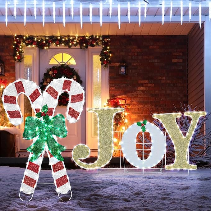 Christmas Candy Cane Lighted Decoration Christmas Lighted Crossed Candy Canes with Holly Berries Pre-Lit Decoration for Xmas Home Pathway Lawn Party Display