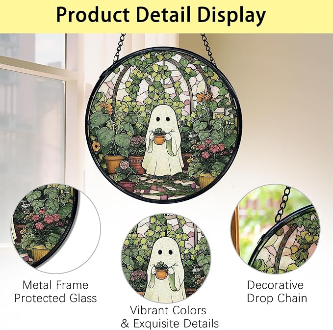 TNUW Halloween Ghost Stained Glass Window Hanging, Halloween Ghost Plant Sun Catchers Indoor Window Glass Round Wall Art Decor, Plant Lover Gifts for Women Wall Hanging Decorations, 7.9＂x7.9＂