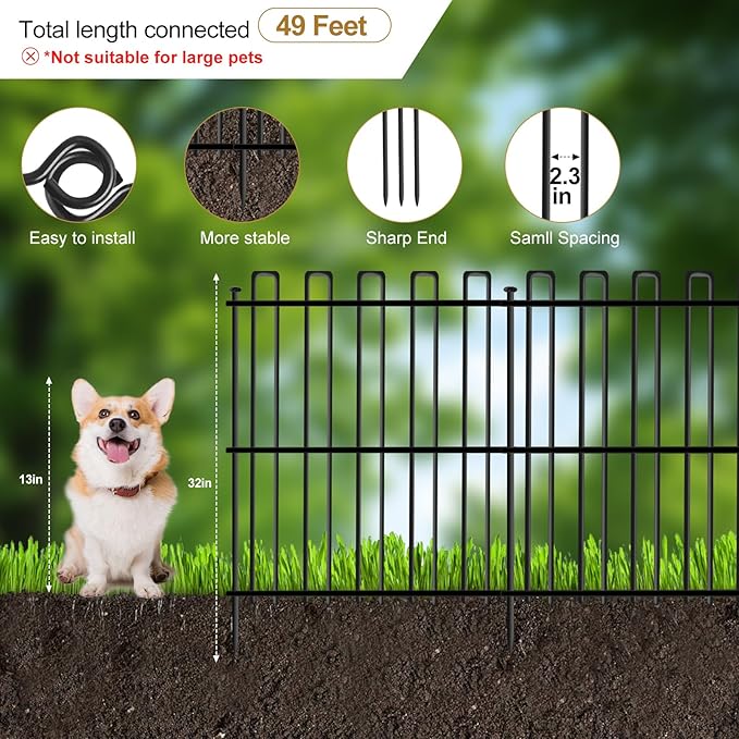 25 Panels No Dig Animal Barrier Fence, 32in(H) x 49ft(L) Garden Edging Border Fencing, Rustproof Metal Stakes Decorative Garden Fence, Dog Digging Defense Fencing Barrier for Outdoor, Yard, Patio
