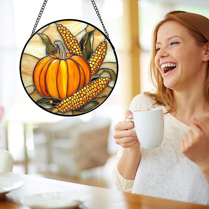Stained Glass Window Hanging Autumn Harvest Pumpkin Corn 7.8" - Suncatcher Door Garden Kitchen Sunroom Sun Catcher Fall Home Decor Birthday for Mom Grandma Men Woman
