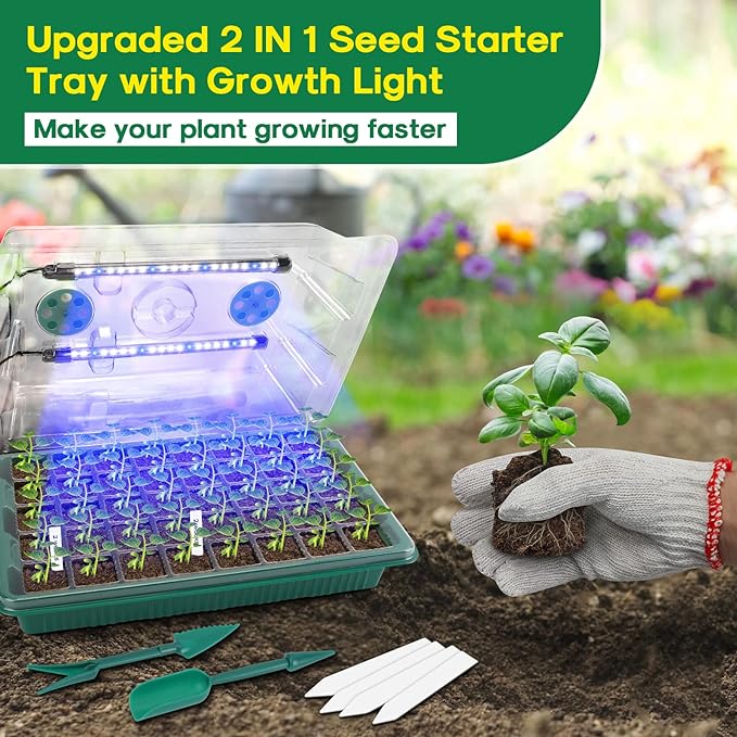 BlumWay Seed Starter Tray with Grow Light,2 Pack 80 Cells Seedling Tray Kit with Humidity Dome/Indoor Plant Starter Kit, Adjustable Brightness Plant Germination Trays