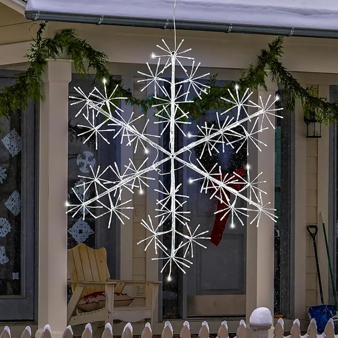 Hanging Christmas Snowflake Lights, 30’’ Large Silver Snowflake with 240 Cool White LEDs Twinkle for Indoor Outdoor Decorations
