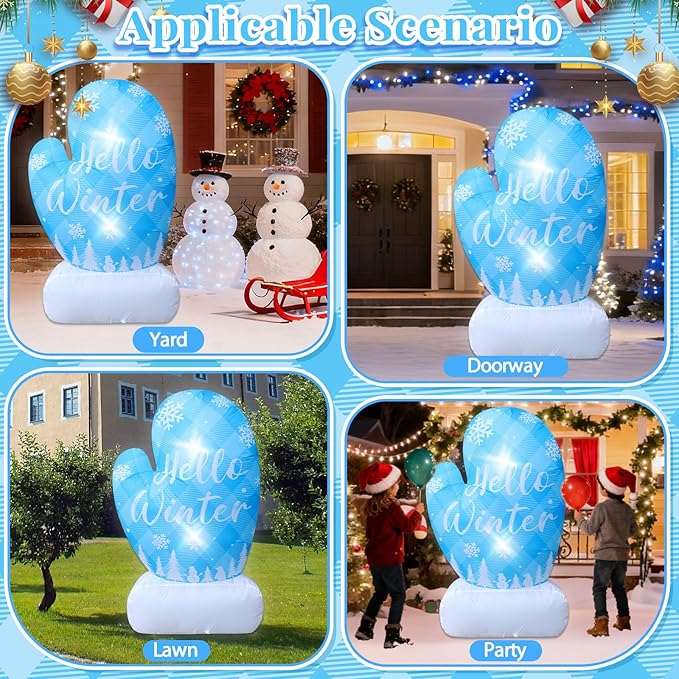 4.9FT Christmas Inflatable Snowflake Mittens Outdoor Decoration Hello Winter Sign Decor Blue Gloves Xmas Blow Up with 2 Lights for Yard Lawn Garden Winter Wonderland Frozen Birthday Party Decorations