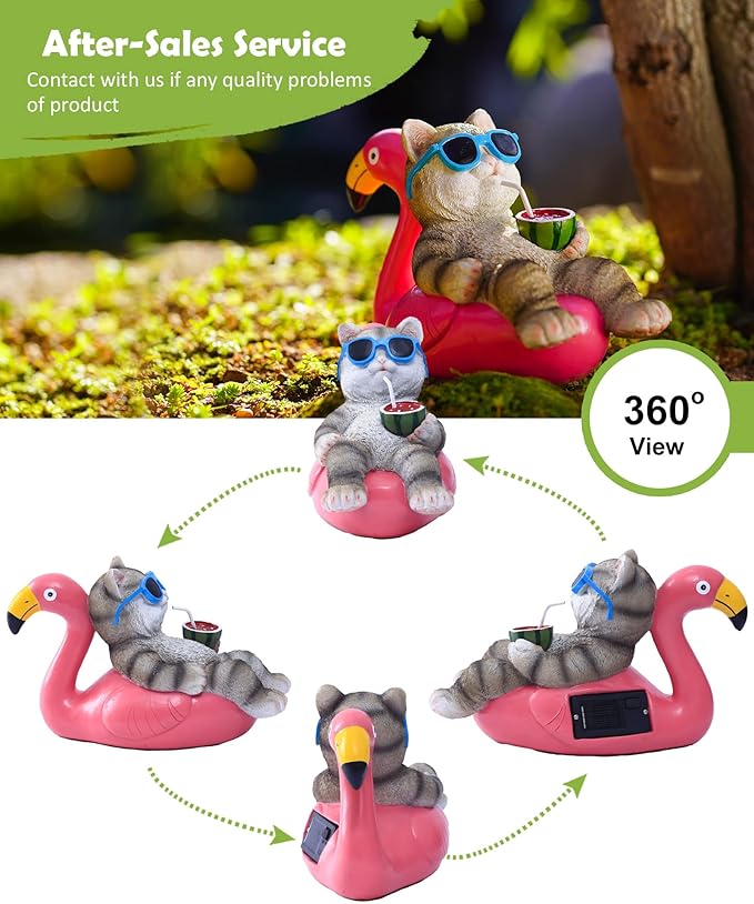 Nacome Cat Lying Flamingo for Garden Statue: Solar Outdoor Decor Figurine for Clearance Outside Lawn Ornaments Porch Patio Balcony – Gifts for Grandma Mom