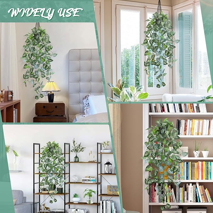 LOYWREE 2 Pack 39-in Long Fake Hanging Plant with Pot Faux Pothos Artificial Potted Plants Small Faux Ivy Vine Plant for Indoor Outdoor Aesthetic Office Living Room Shelf Decor (Black Pot)