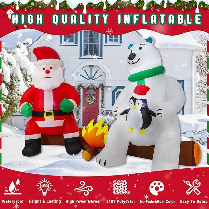 10FT Long Christmas Inflatables Decorations, Outdoor Santa & Polar Bear Campfire Giant Blow Up with Built-in LED Lights for Yard Garden Lawn Holiday Decor