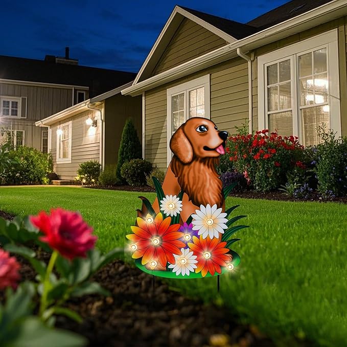 WONDER GARDEN Decorative Garden Stakes - Lighted Dog and Flower Yard Sign Stakes Spring Signs for Outdoor, Porch, Yard,Flower Bed Decor (Battery Operated)