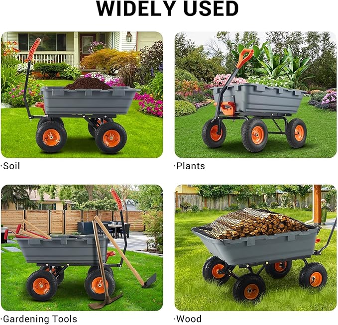 Garvee 800 LBS Poly Garden Dump Cart, Heavy-Duty Wheelbarrow with 10 in Tires, 180° Rotating Handle, Steel Frame and Quick Release System Garden Dump Cart for Soil Plants Gardening Tools Wood