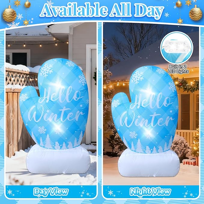 4.9FT Christmas Inflatable Snowflake Mittens Outdoor Decoration Hello Winter Sign Decor Blue Gloves Xmas Blow Up with 2 Lights for Yard Lawn Garden Winter Wonderland Frozen Birthday Party Decorations