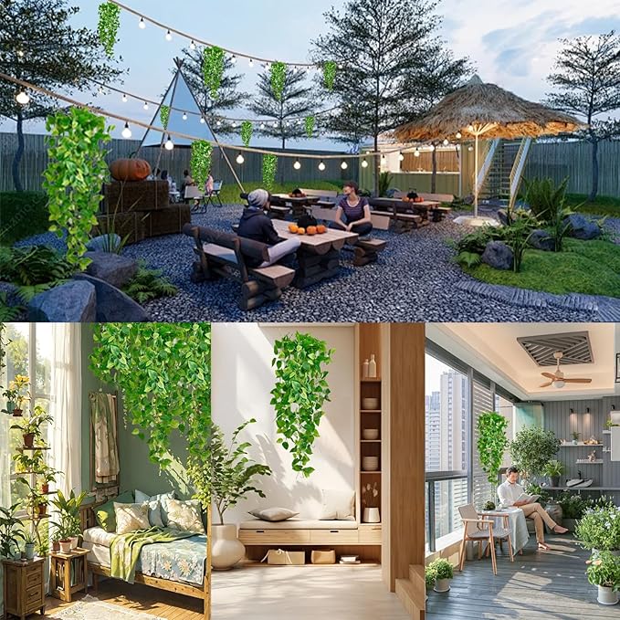 Fake Hanging Plants Vines(4pcs)for Room Decor, Artificial Ivy Greenery Garlands for Home Bedroom Living Aesthetic Kitchen Office Wall Patio Bookshelf,Indoor,Outdoor Farmhouse Decorations(No Basket)