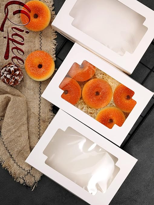 qiqee 36Packs Auto-pop Cookie Boxes for Gift Giving 8x5.3x2 inch White One Second Folding Treat Box with Window Bakery Box for Donuts Candies and Biscuit
