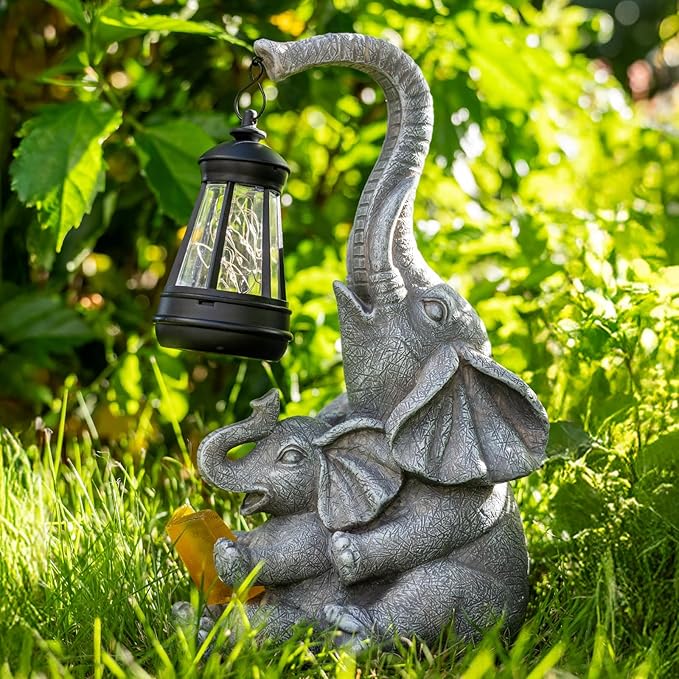 Solar Garden Statue Lights Loving Elephants Figurine with Solar Lantern, Outdoor Yard Decorations for Patio Porch Home, Housewarming Elephant Gifts for Mom, Women
