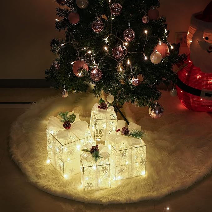 Christmas Lighted Gift Boxes, Pre-lit Present Boxes Set of 3 with Different Sizes, Battery Operated Snowflake Light up Decorations for Holiday Indoor Outdoor (4 Pack)