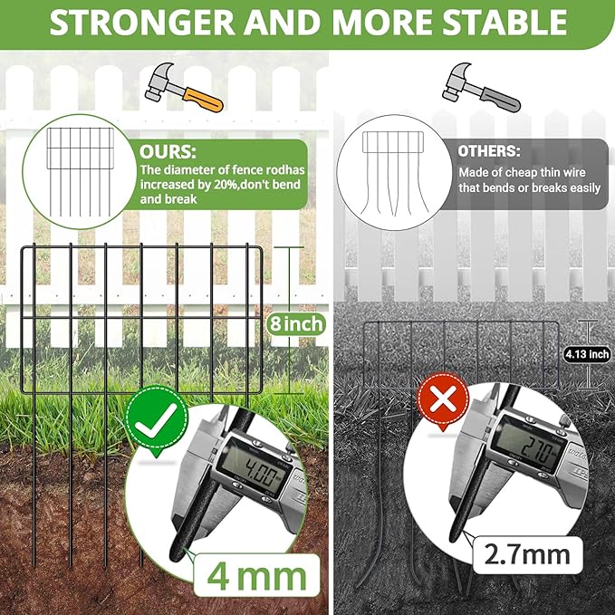 10 PCS Animal Barrier Fence, 17''(H) X 10.8 Ft(L), No Dig Garden Fencing Border for Small Dogs & Rabbits, Rustproof Metal, Decorative Fencing for Outdoor Landscape Yard Patio, 2‘’ Spike Spacing Fence