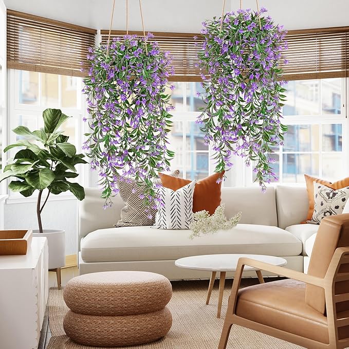 TOCHGREEN 4Pcs Artificial Hanging Plants Fern Vine, Faux Plastic Plants Fake Ivy Vine Greenery Garland with Purple Flower, Outdoor Indoor Decorations for Living Room Balcony Garden Wall Home Decor