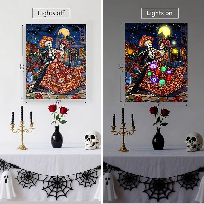 Artiluxy Ghost Bride Skeleton Couple Dance LED Wall Art - 16x20 Inch Day of the Dead Decor with RGB Color Changing Lights & Auto Timer, Vertical Hanging Gifts for Halloween