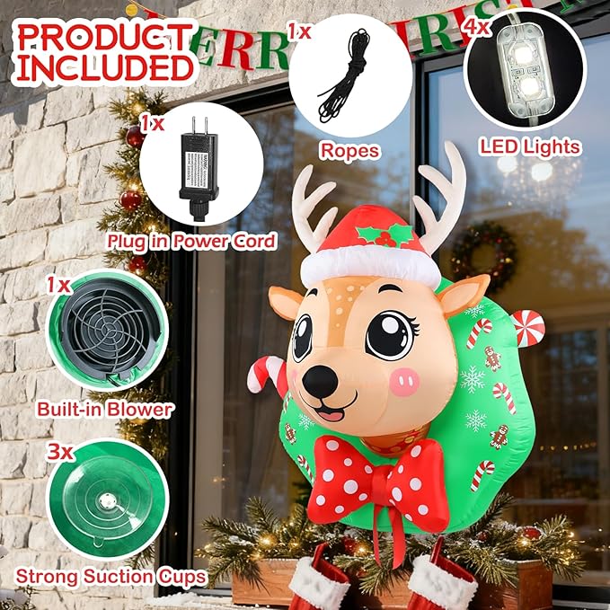 5FT Christmas Reindeer Inflatable Outdoor Yard Decoration Blow Up Inflatables Window Wreath with LED Lights for Xmas Holiday Décor