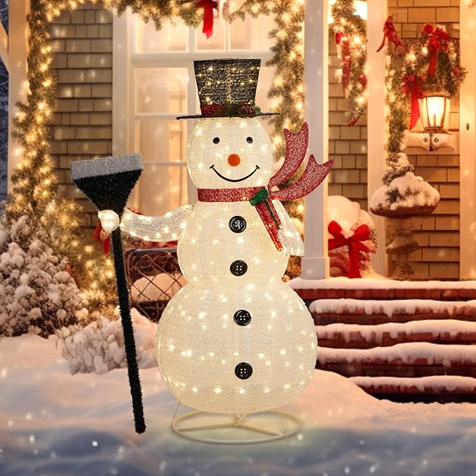 VINGLI 5FT Pop Up Lighted Snowman Christmas Decorations Outdoor Indoor, Prelit 200 Warm White LED Snowman with Broom & Stakes, Collapsible Xmas Yard Lawn Garden Front Porch Patio Holiday Decor