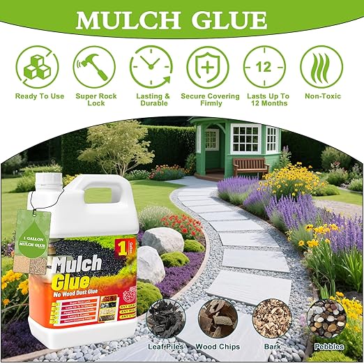 Mulch Glue for Landscaping - 1 Gallon (128 oz) Strong Adhesion Fast Drying Rock Glue, Non-Toxic Weather-Resistant Gravel Binder for Walkways, Gardens, Pea Gravel, Stones, Rubber, Leaf Piles