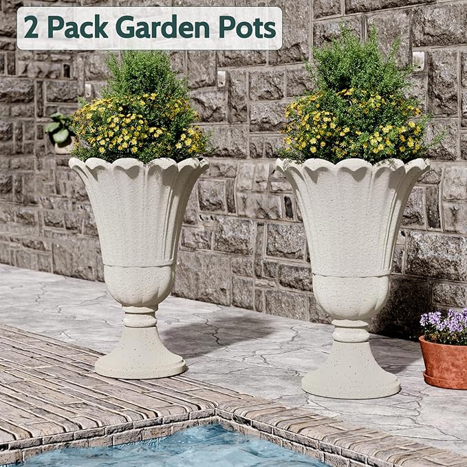 23.6" Tall Plastic Urn Planters for Outdoor Plants, Set of 2 Heavy-Duty Classic Indoor Large Flower Pots with Drainage Holes & Petal Design, Outdoor Planters for Porch, Home Garden, White