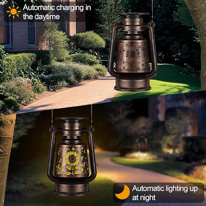 Solar Lantern Outdoor Hanging Vintage LED Waterproof Camping Light with Beautiful Graphics Landscape Decor for Yard,Patio,Porch,Lawn,Tabletop(Sunflower + Bee)