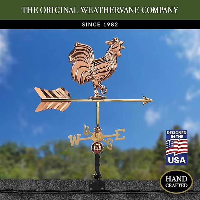 Good Directions Polished Copper Rooster Cottage Weathervane – Decorative Rooftop Accent for Barns, Homes, Sheds, and Cupolas – Durable & Handcrafted