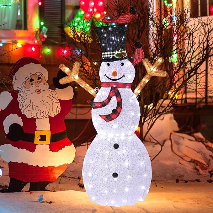 VINGLI 5FT Outdoor Snowman Christmas Decorations, Lighted Outdoor Snowman w/120 LED Lights, Tall Hat, Red Scarf, Ground Stakes, Zip Ties for Indoor, Yard, Outside Xmas Decor