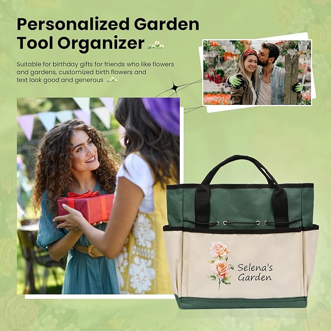 Personalized Garden Tools Set for Women: Custom Text Garden Tool Bag and Garden Shovel & Transplant Shovel & Hand Rake - Gardening Gifts for Mom Grandma Gardening Lover (Garden Bag)