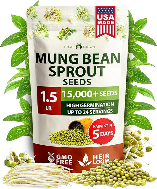 HOME GROWN Mung Beans Seeds Pack 1.5 lb – Over 15,000 Sprouting Seeds – Grow Fresh Mung Bean Sprouts or Microgreens for Quick, Easy, Nutrient-Packed Food for Your Daily Meals (Vigna Radiata)