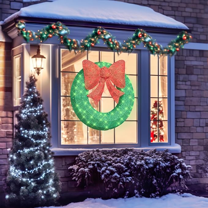 Lamerge 1PC Pre-Lit Outdoor Christmas Wreath Decorations, 36'' Bow Holiday Decor Wreath, Christmas Wreath with 90 Lights, Lights Outdoor/Indoor Decorations for Front Door, Wall, Window, Green