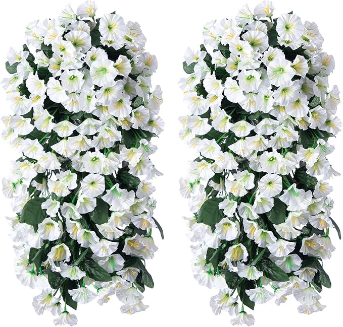 Artificial Faux Hanging Plants Flowers for Winter Christmas Outdoor Outside Decor, 2 PCS Fake Silk White Morning Glory Long Vines UV Resistant Look Real for Home Porch Patio Balcony Planter Decoration