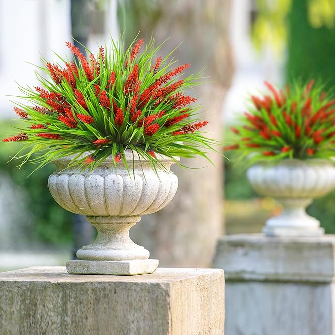 Sggvecsy 12 Bundles Artificial Plants Outdoor Faux Lavender Flowers Fake Monkey Grass UV Resistant Plastic Greenery Plants for Garden Home Porch Window Patio Hanging Planter Indoor Decor (Red)