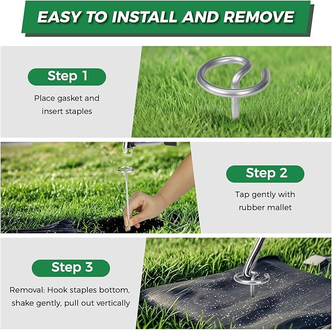 50pcs Landscape Fabric Staples 6 Inch, Galvanized Circle Top Landscape Pins Landscape Fabric Staples Garden Stakes Staples with Pick Hook Mallet for Weed Barrier Tent Stakes Outdoor Decor