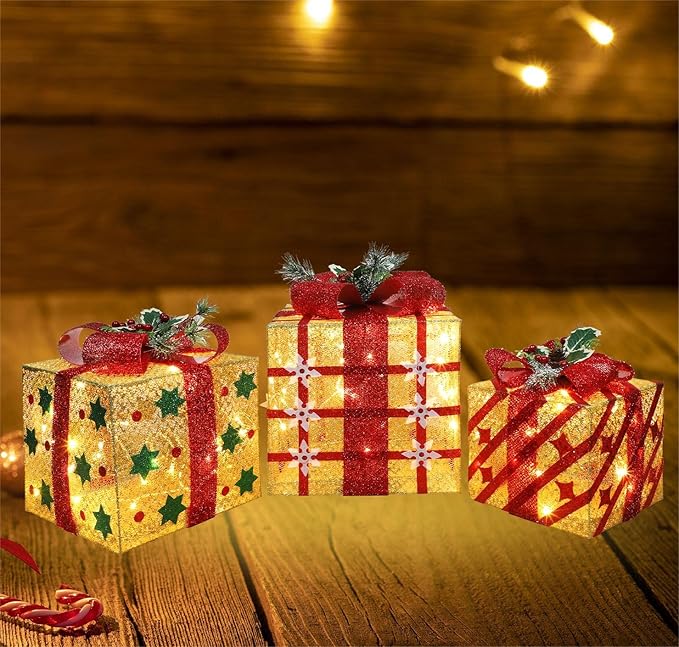 [Ultra-Large 15"x13"x10.5" Christmas Set of 3 Lighted Gift Boxes Decorations Pre-lit 91 Super-Bright LED with Flashers,for Indoor Outdoor Pathway Holiday Party Home(Warm White)