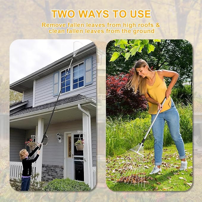 FIXM Telescoping Roof and Yard Rake 7-31 FT, Dual Use to Clean Leaves, Branches and Debris for Roofs/Lawn