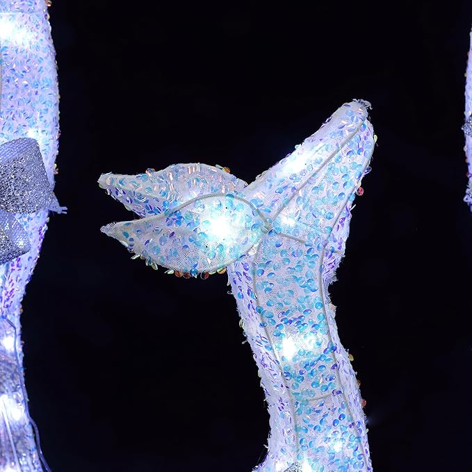LuxenHome 3PCs Reindeer Christmas Decoration, Lighted Reindeer Family with Silver Bow and Ornament, 240 Cool White LED Lights, Front Porch Christmas Decorations Indoor & Outdoor Yard Decor