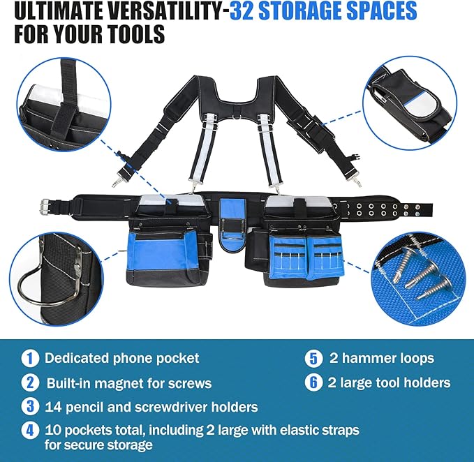 Tool Belt with Suspenders for Men, Heavy Duty Construction Tool Belt with 32 Pockets, 1680D Material, Reflective Strips for Safety, HVAC Toolbelt for Men